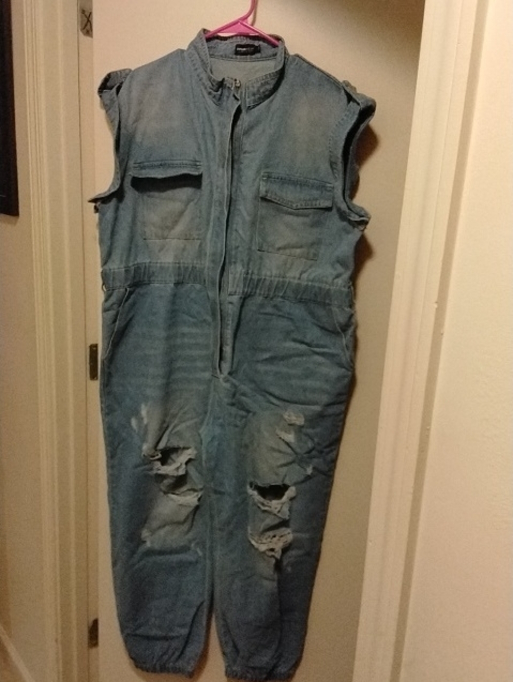 Distressed Blue Denim Women's Plus Jumpsuit - Casual Utility Style